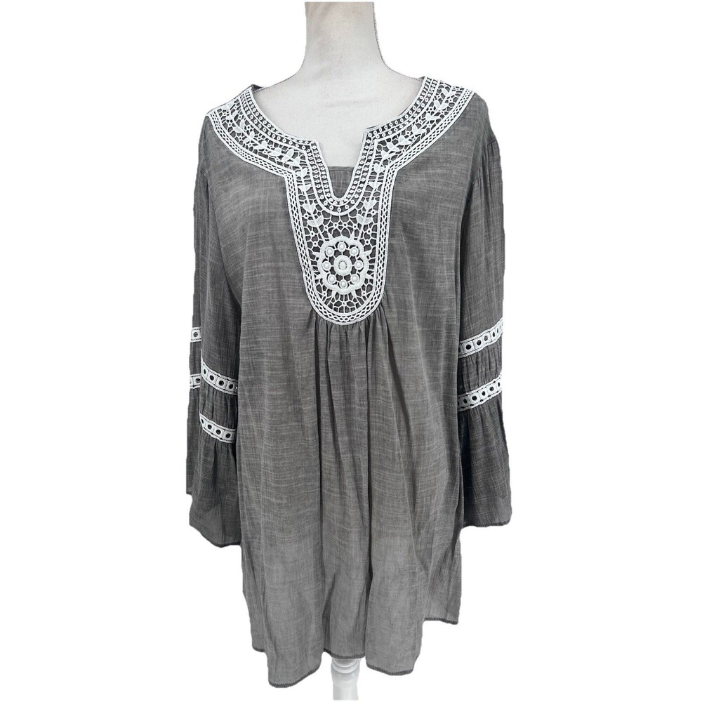 Cal Style Gray Boho Lace Tunic Size 2XL Lightweight Bell Sleeves Hippie